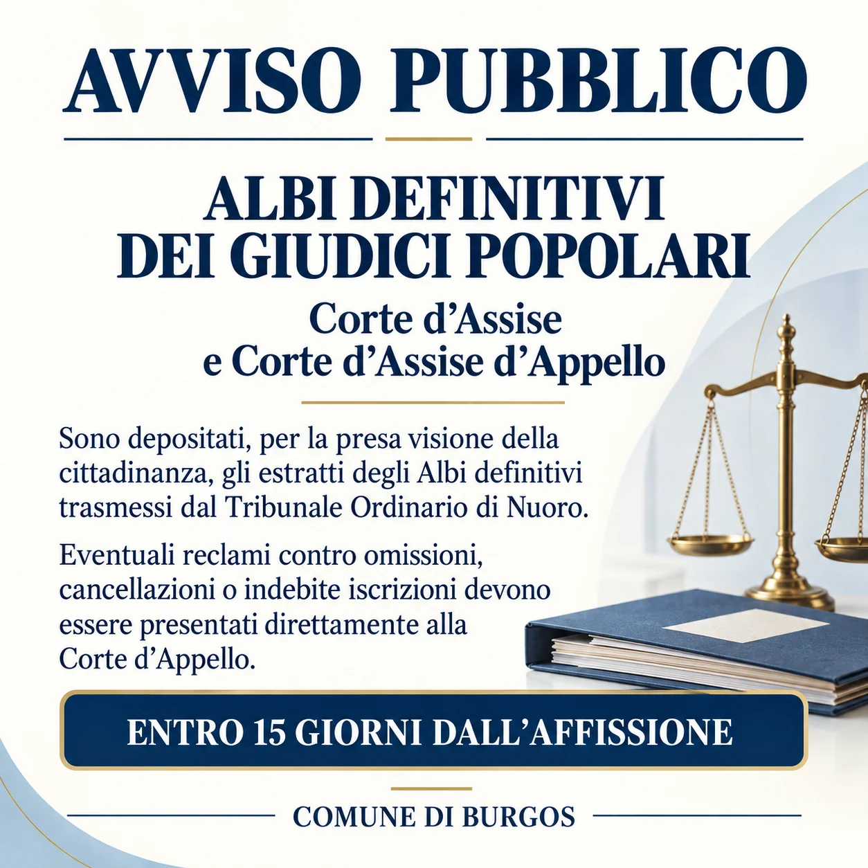 Estratti degli Albi definitivi dei Giudici Popolari per la Corte d'Assise e per la Corte d'Assise d'Appello